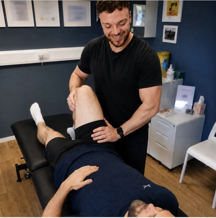 Elliot Stubbs assessing a patient's knee in a clinical setting